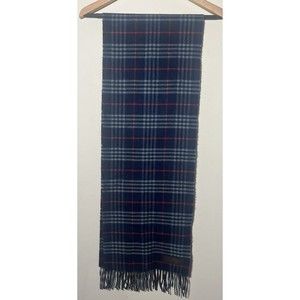 Vintage All Cashmere Hand Tailored Blue Plaid Wrap Scarf Unisex Fringe Tassel
